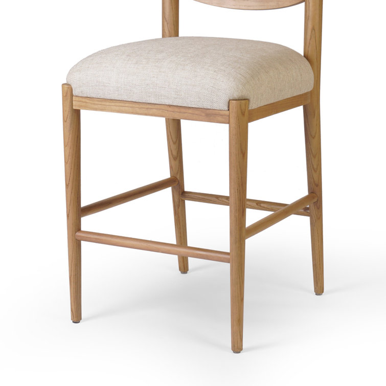 Natural Wood Counter Stool with Linen Upholstery