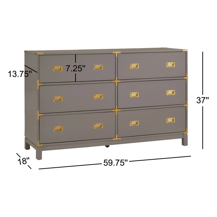 Kedric 6-Drawer Poplar Wood Dresser with Gold Accents in Gray