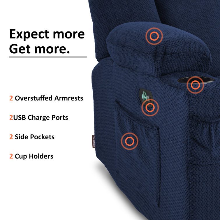 Navy Blue Polyester Blend Reclining Sofa with Cup Holders