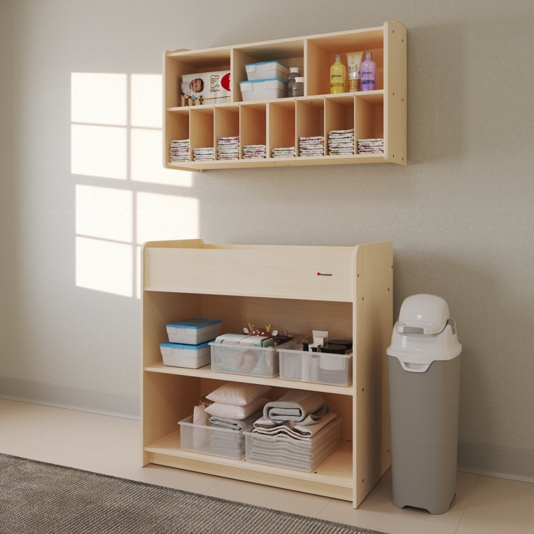 Natural Wood Changing Table with Adjustable Safety Strap and Storage Shelves