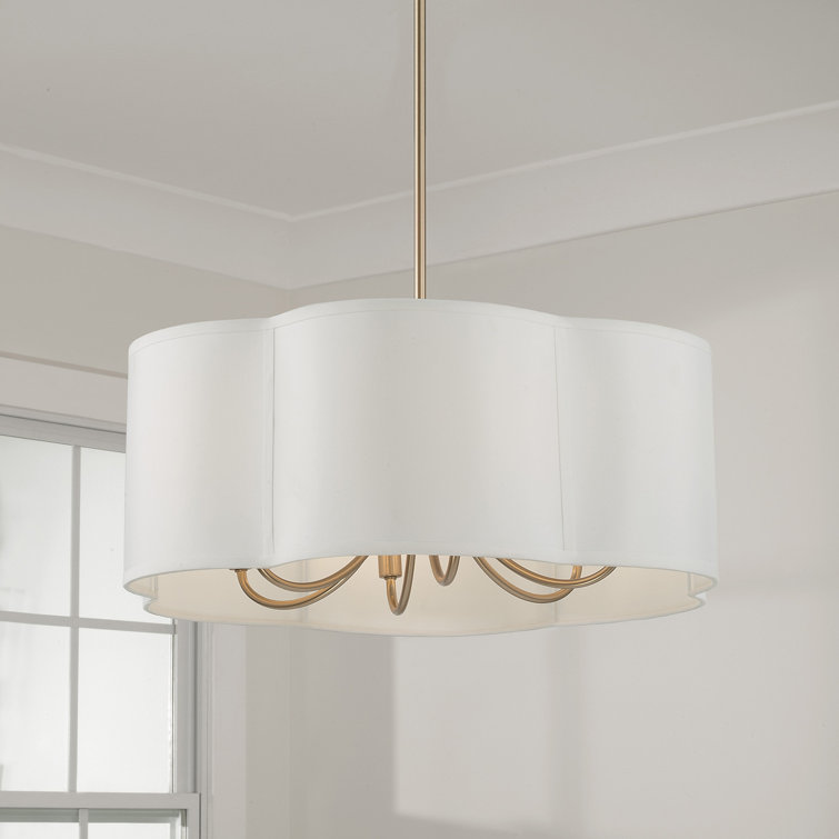 Matte Brass 6-Light Pendant with White Fabric Drum Shade
