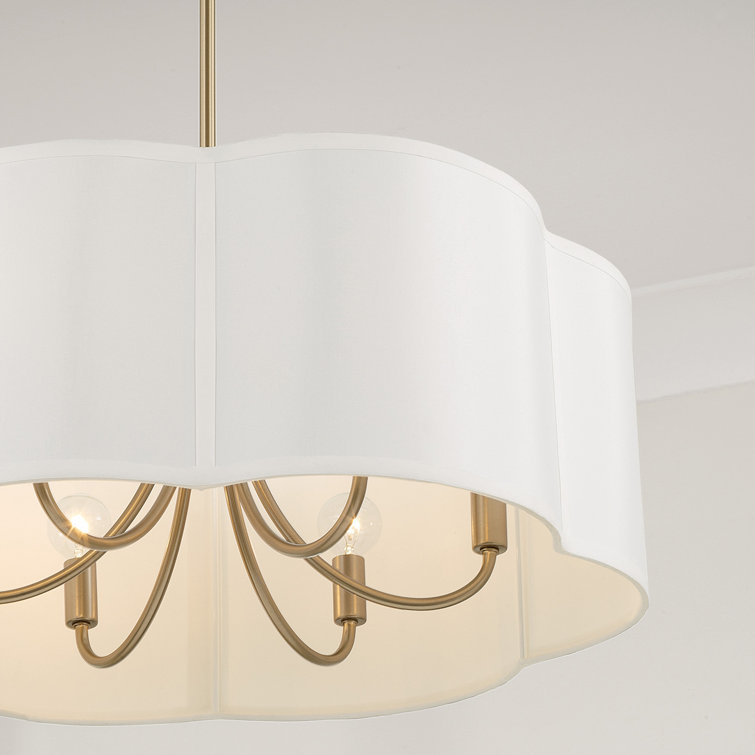 Matte Brass 6-Light Pendant with White Fabric Drum Shade