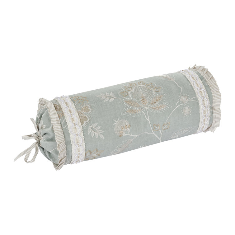 Spa Blue Embroidered Floral Neckroll Pillow with Trim