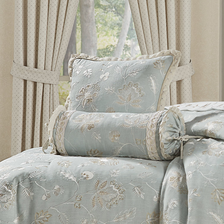 Spa Blue Embroidered Floral Neckroll Pillow with Trim