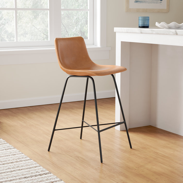 Urban Matte Black 24" Metal and Tan Leather Saddle Counter Stool, Set of 3