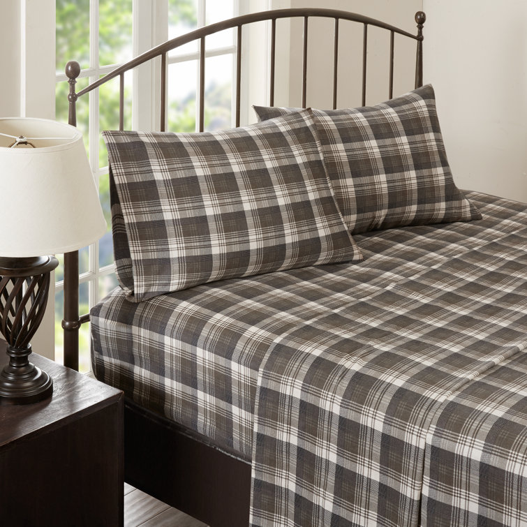 Queen Blue Plaid Cotton Flannel Sheet Set