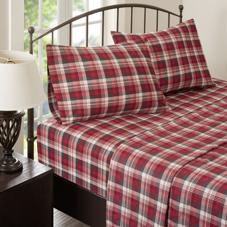 Queen Blue Plaid Cotton Flannel Sheet Set