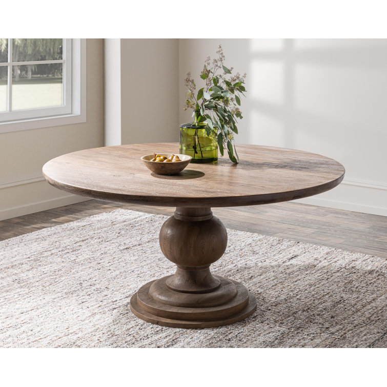 Pecan Brown Mango Wood Round Dining Table with Colonial Pedestal Base