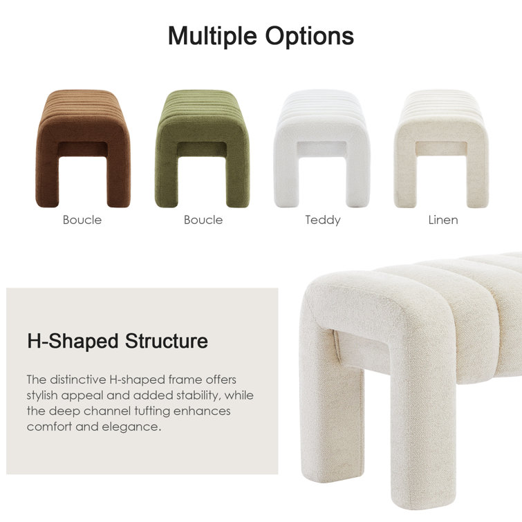 Beige Linen Upholstered Bedroom Bench with Solid Wood Legs