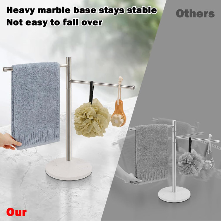 Brushed Nickel Stainless Steel Double Arm Towel Holder with Marble Base