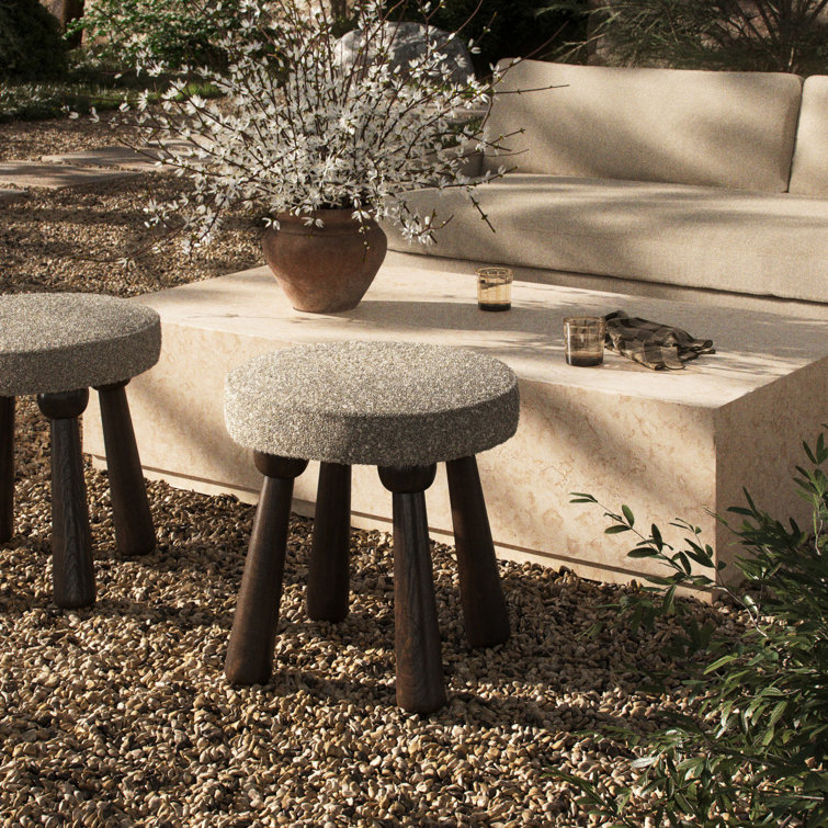 Fawn Boucle Cushion Stool with Dark Wood Legs