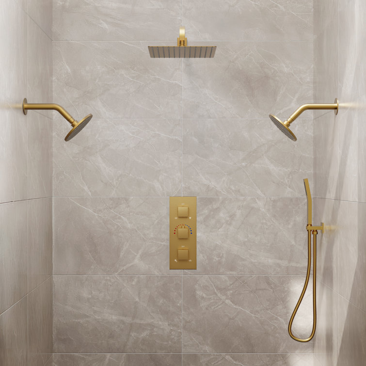 Gold Thermostatic 12" Triple Showerhead System with Handheld