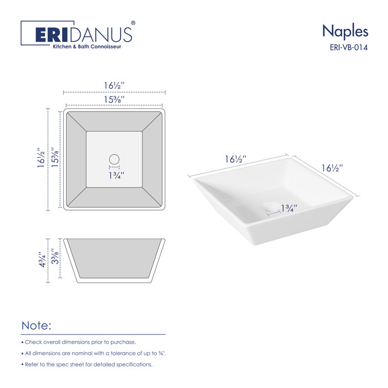Naples 16.5" White Ceramic Square Vessel Sink