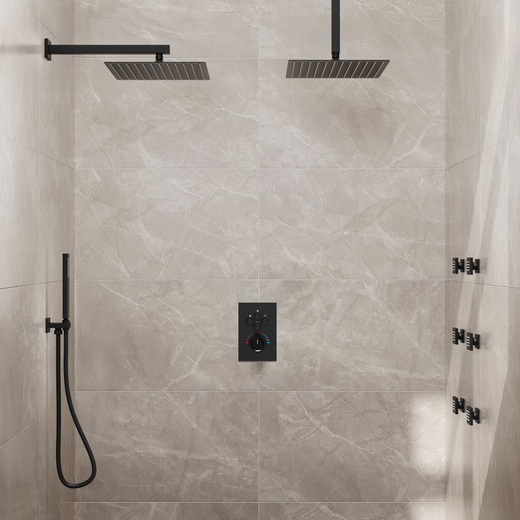 Matte Black Dual Shower Head System with Body Jets and Hand Shower