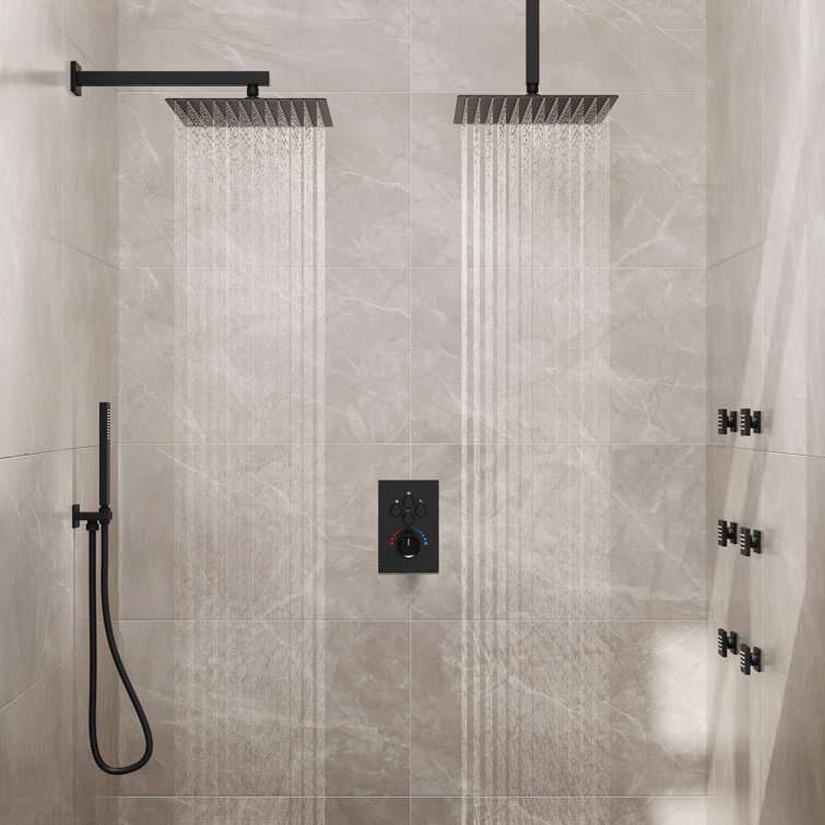 Matte Black Dual Shower Head System with Body Jets and Hand Shower