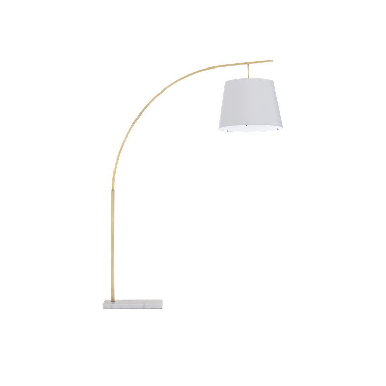Antique Brass & White Arc Floor Lamp with Off-White Shantung Shade