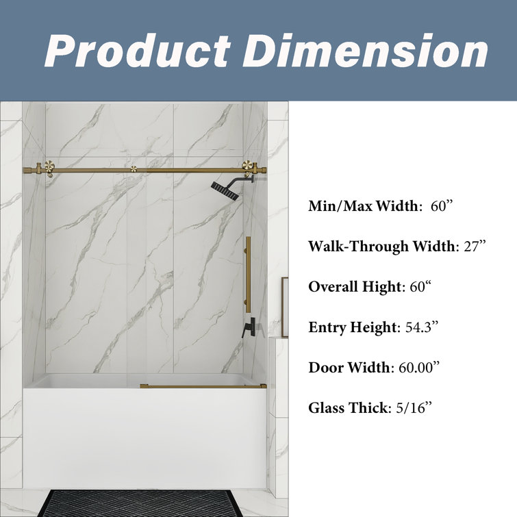 60-Inch Gold Frameless Sliding Shower Door with Clear Glass