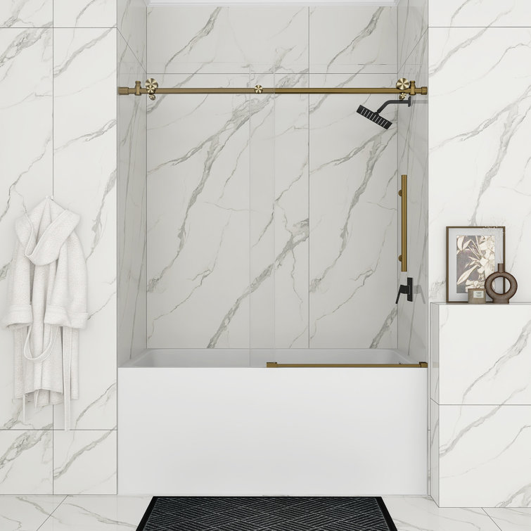 60-Inch Gold Frameless Sliding Shower Door with Clear Glass