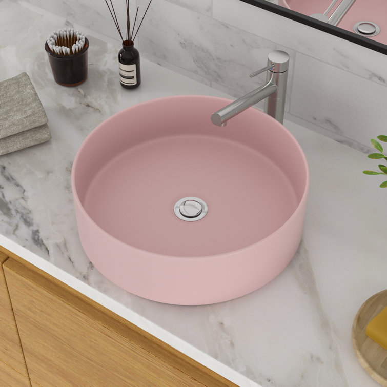 16" Pink Round Ceramic Vessel Bathroom Sink