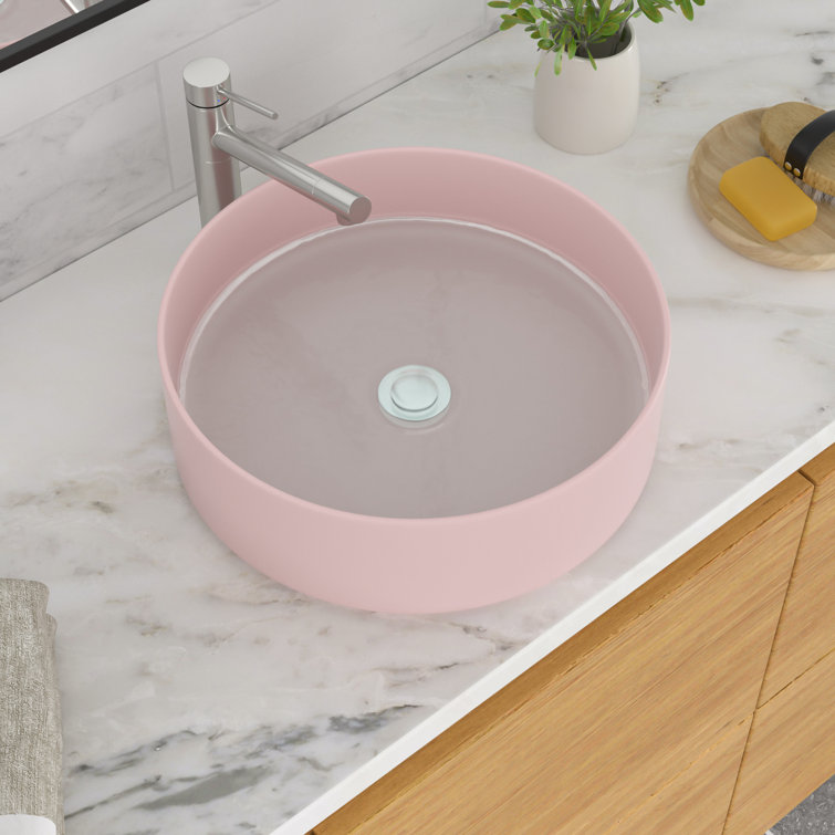 16" Pink Round Ceramic Vessel Bathroom Sink