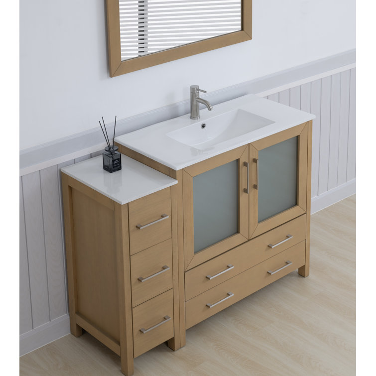 Natural Oak 48" Bathroom Vanity with White Ceramic Top and Mirror