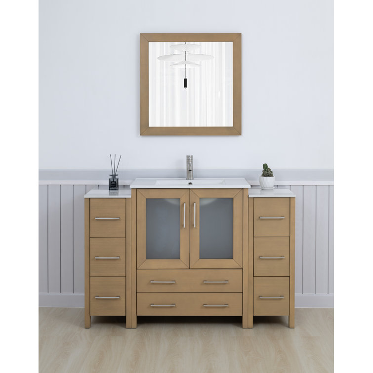 Natural Oak and White Ceramic 54" Single Bathroom Vanity with Mirror