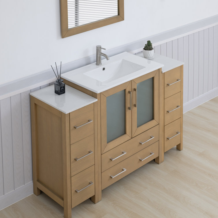 Natural Oak and White Ceramic 54" Single Bathroom Vanity with Mirror