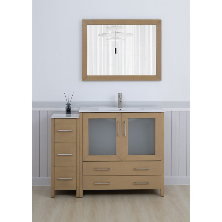 Natural Oak 48" Bathroom Vanity with White Ceramic Top and Mirror