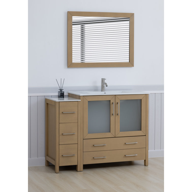 Natural Oak 48" Bathroom Vanity with White Ceramic Top and Mirror