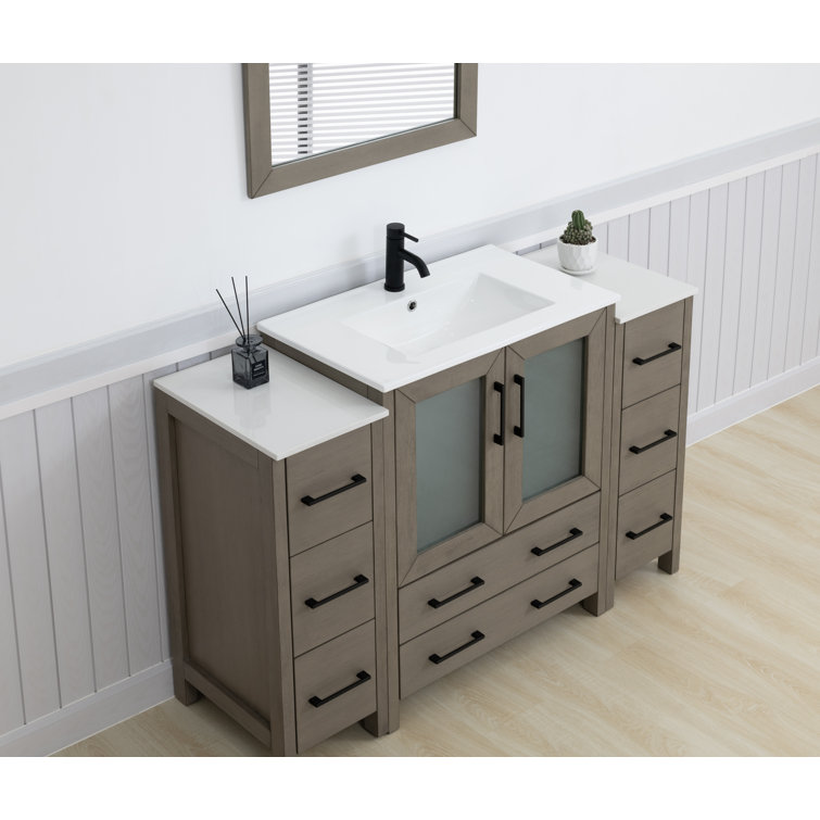 54" Driftwood Gray Solid Wood Bathroom Vanity with Ceramic Top and Mirror
