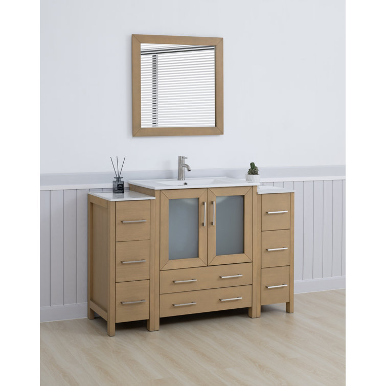 Natural Oak and White Ceramic 54" Single Bathroom Vanity with Mirror