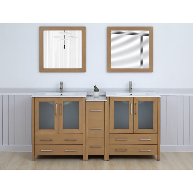 Natural Oak Double Bathroom Vanity with Ceramic Top and Mirror