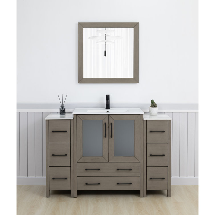 54" Driftwood Gray Solid Wood Bathroom Vanity with Ceramic Top and Mirror