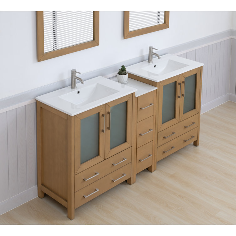 Natural Oak Double Bathroom Vanity with Ceramic Top and Mirror