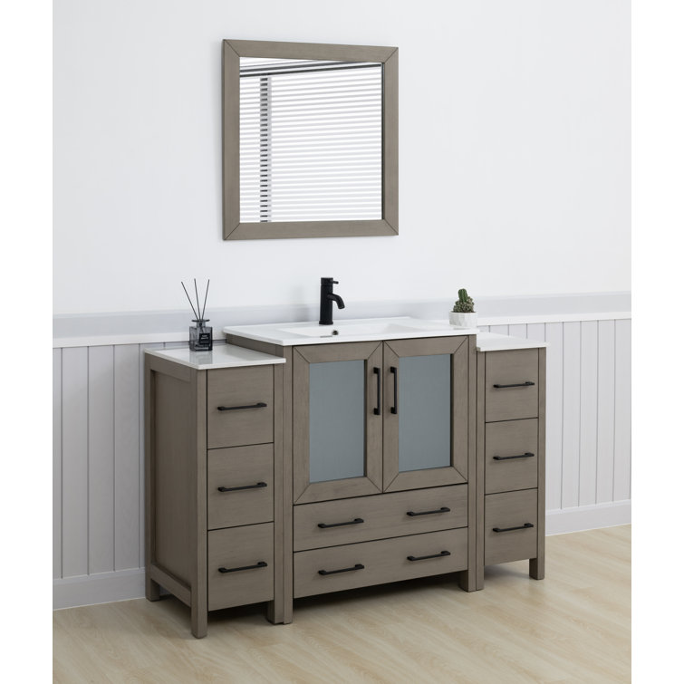 54" Driftwood Gray Solid Wood Bathroom Vanity with Ceramic Top and Mirror