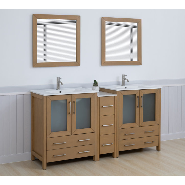 Natural Oak Double Bathroom Vanity with Ceramic Top and Mirror