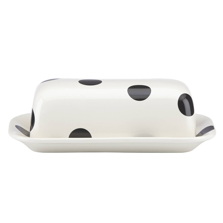 White Stoneware Butter Dish with Black Polka Dots
