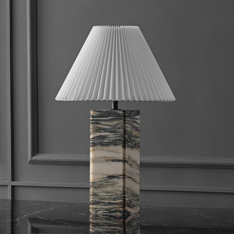 Cream and White Marble Base Table Lamp with Pleated Shade