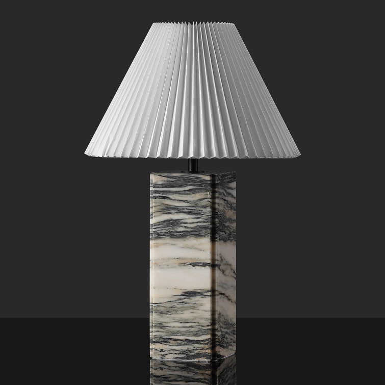Cream and White Marble Base Table Lamp with Pleated Shade