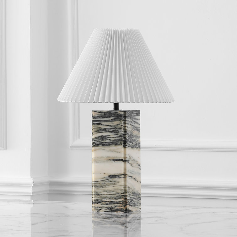 Cream and White Marble Base Table Lamp with Pleated Shade