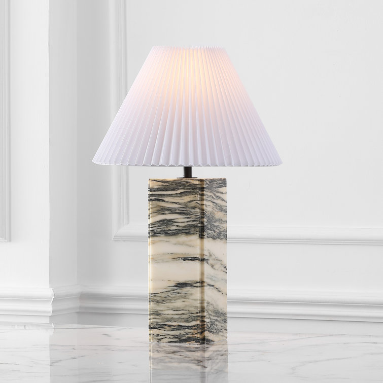 Cream and White Marble Base Table Lamp with Pleated Shade