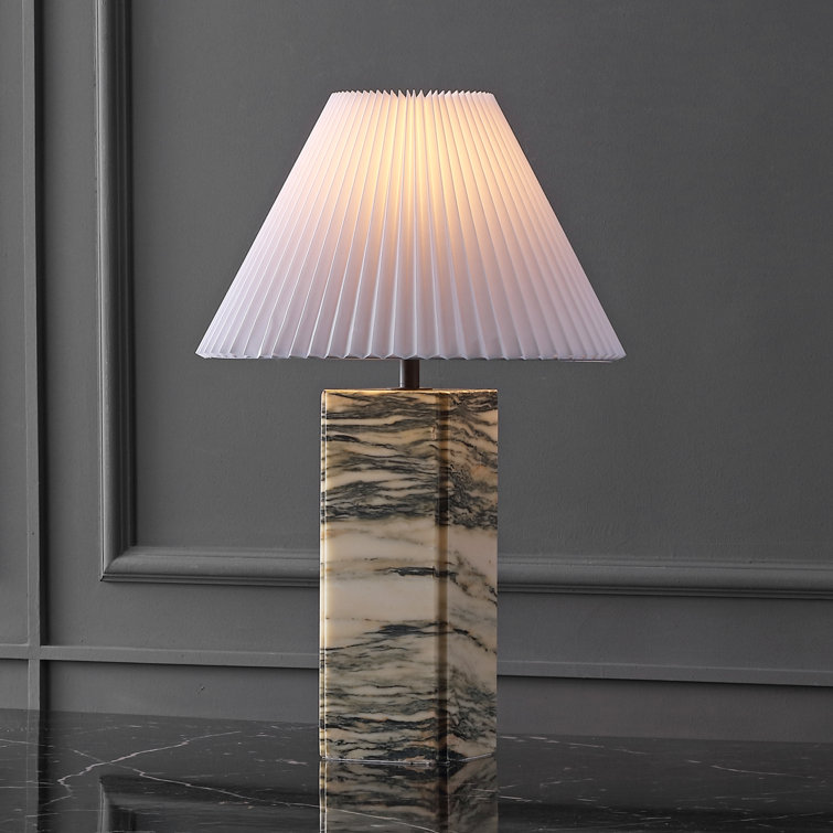Cream and White Marble Base Table Lamp with Pleated Shade