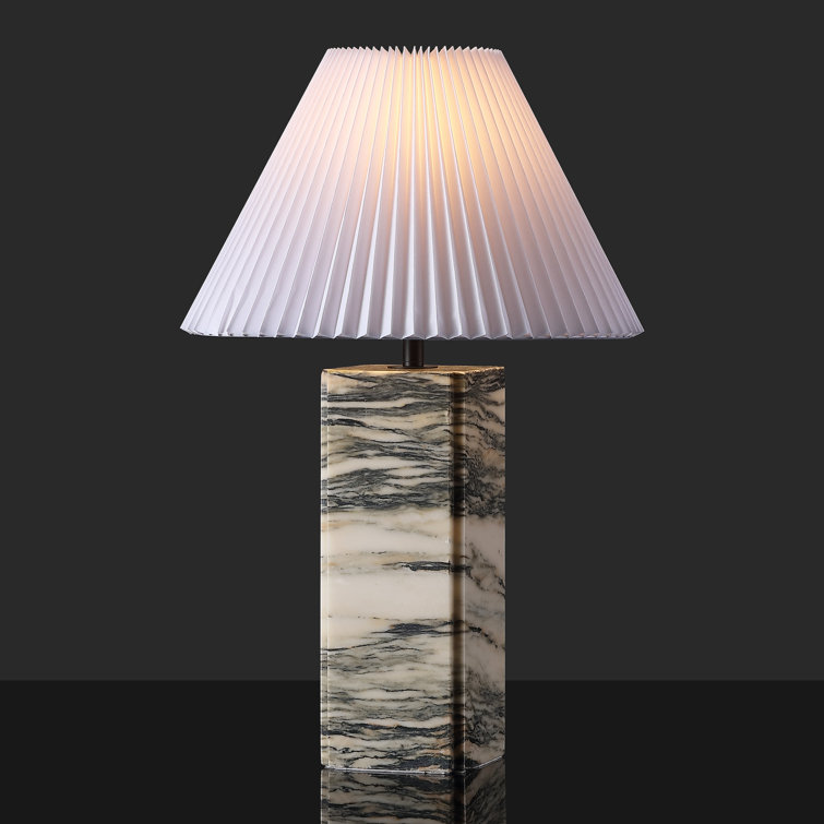 Cream and White Marble Base Table Lamp with Pleated Shade