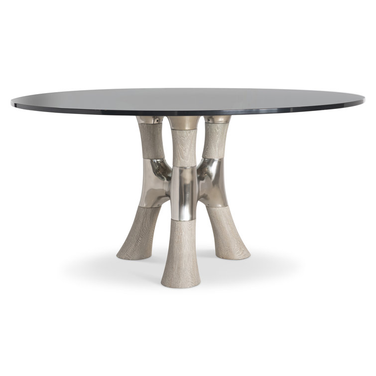 Dalton Round Glass Top Dining Table with Textured Wood Base