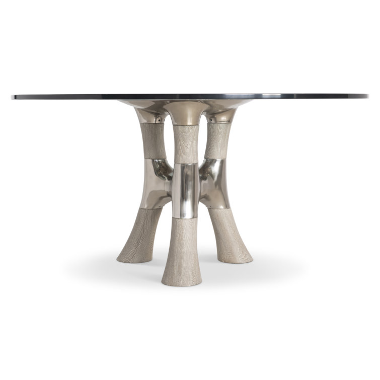 Dalton Round Glass Top Dining Table with Textured Wood Base