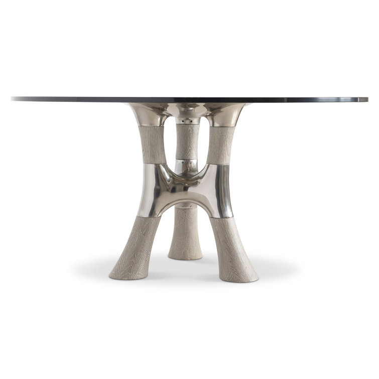 Dalton Round Glass Top Dining Table with Textured Wood Base