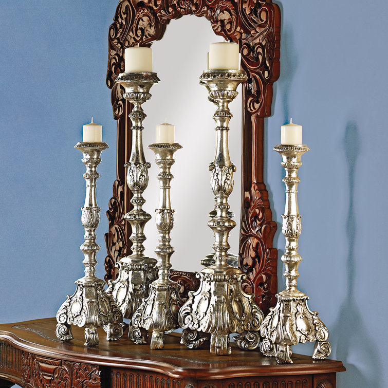 Elegant Baroque Scroll-Footed Silver Leaf Resin Candlesticks, Set of 2