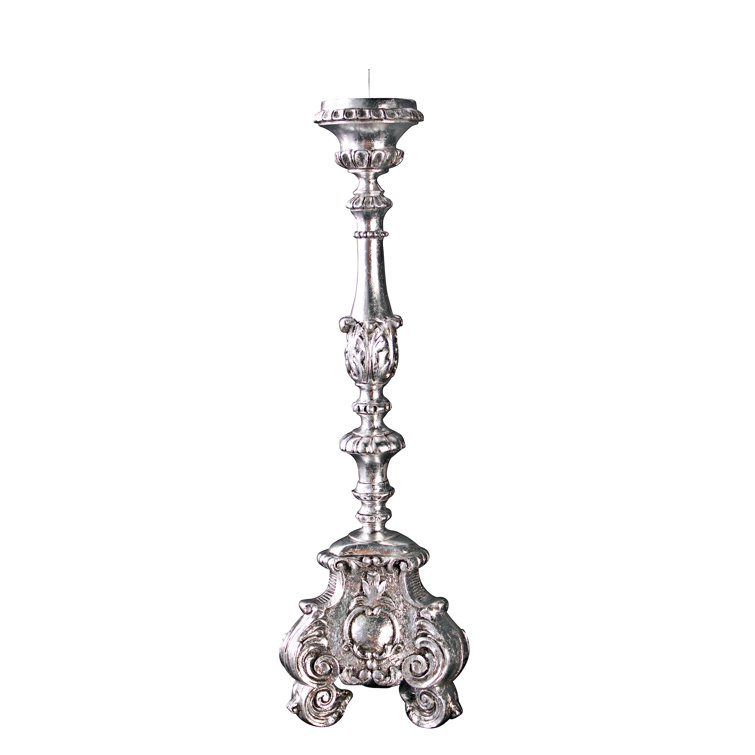 Elegant Baroque Scroll-Footed Silver Leaf Resin Candlesticks, Set of 2