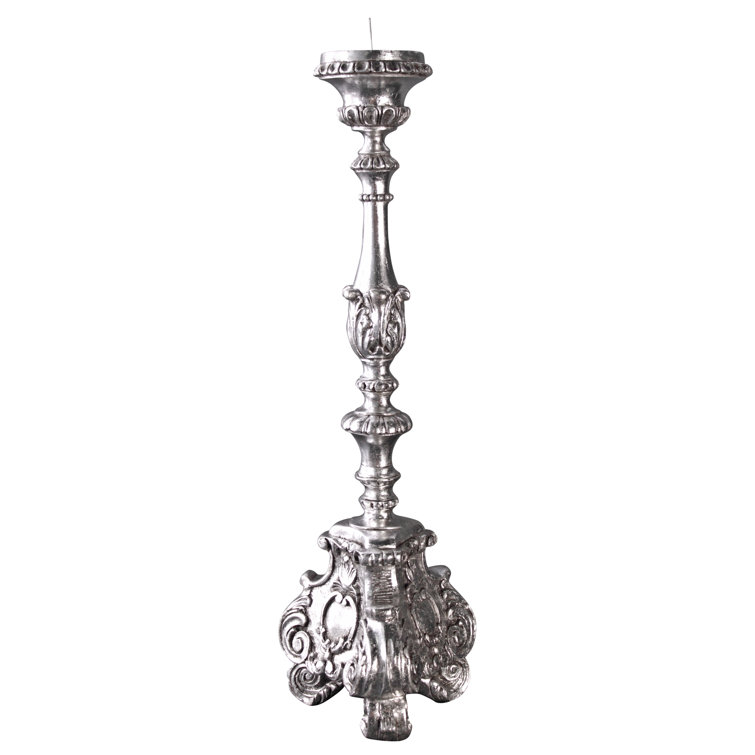 Elegant Baroque Scroll-Footed Silver Leaf Resin Candlesticks, Set of 2