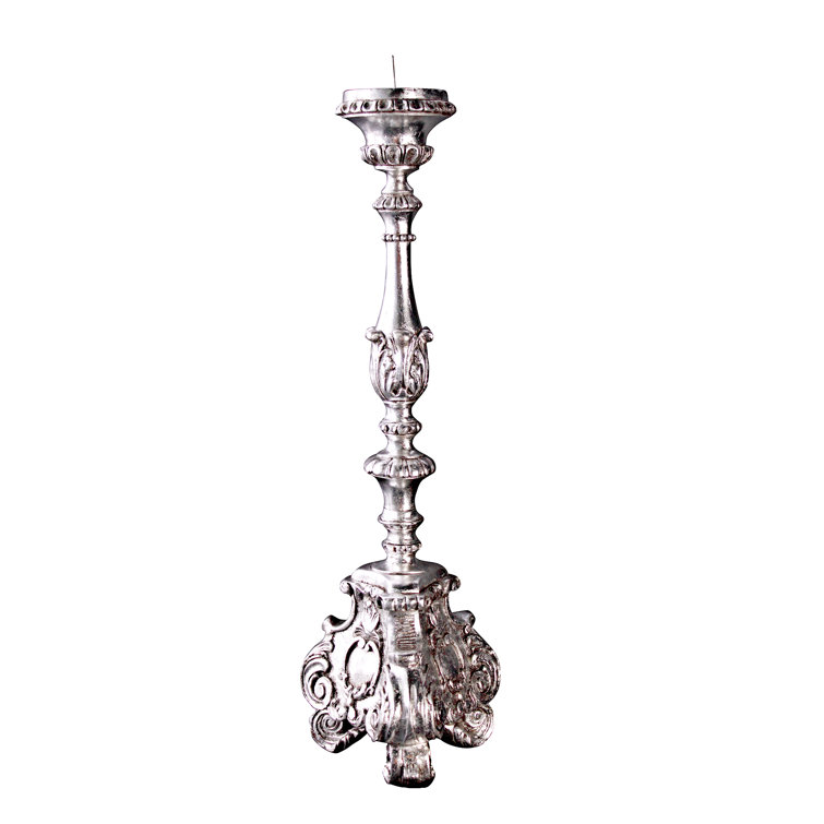 Elegant Baroque Scroll-Footed Silver Leaf Resin Candlesticks, Set of 2